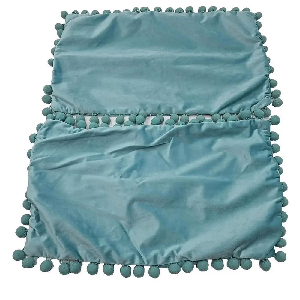 2 Velvet Throw Pillow Covers Mint Green‎ Pompom 70's Pillowcases 12x20